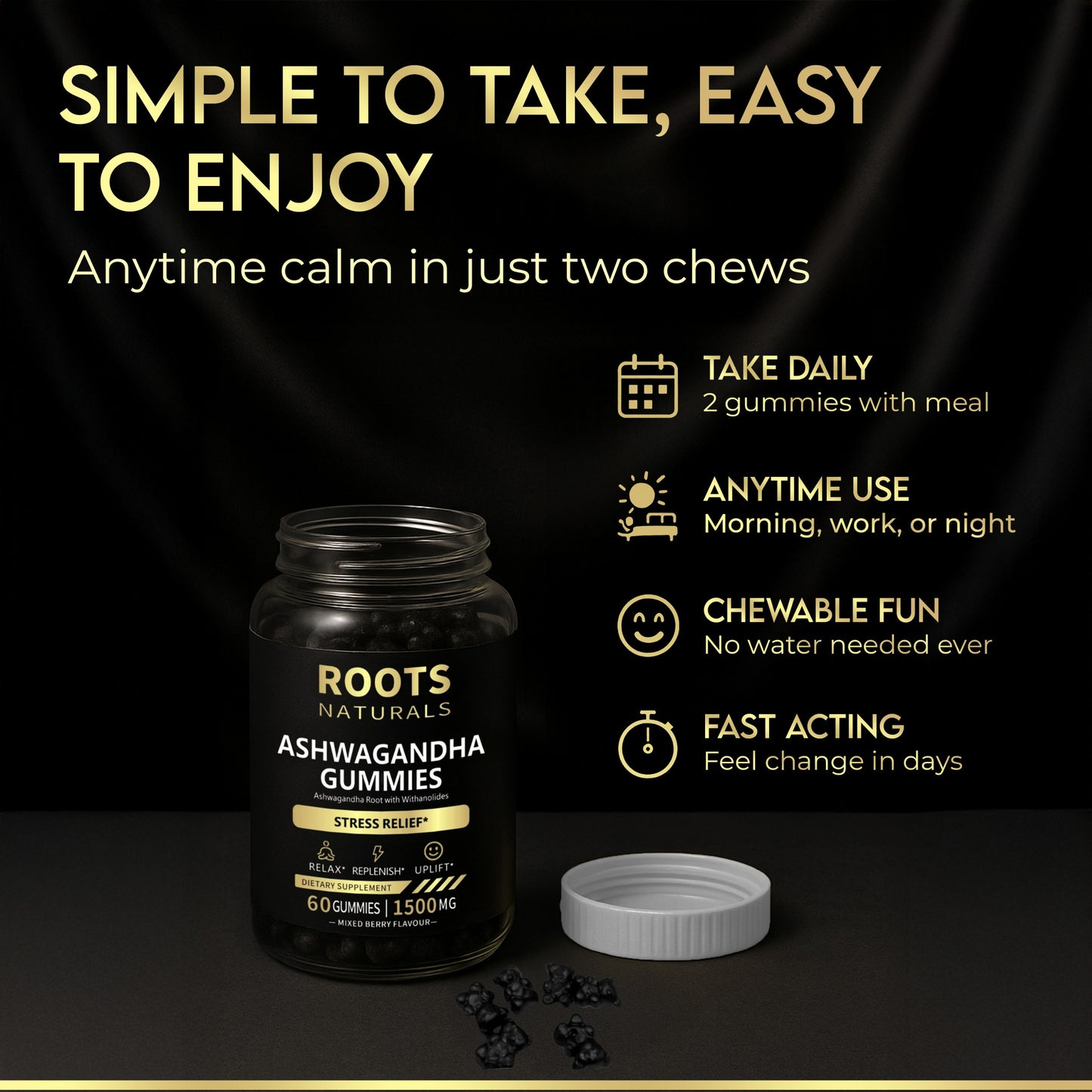 Roots Naturals™ Ashwagandha Gummies – 1500mg | Stress & Mood Support